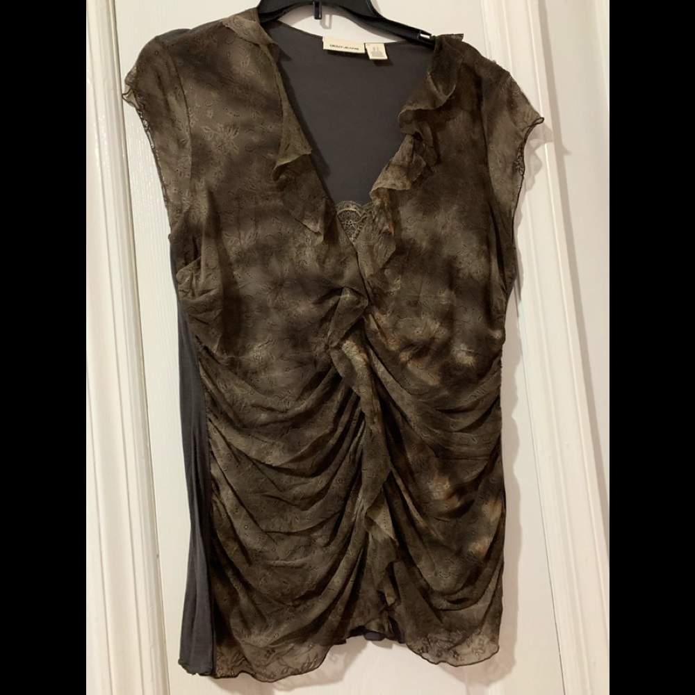 DKNY brown ruffled short sleeve top sz XL